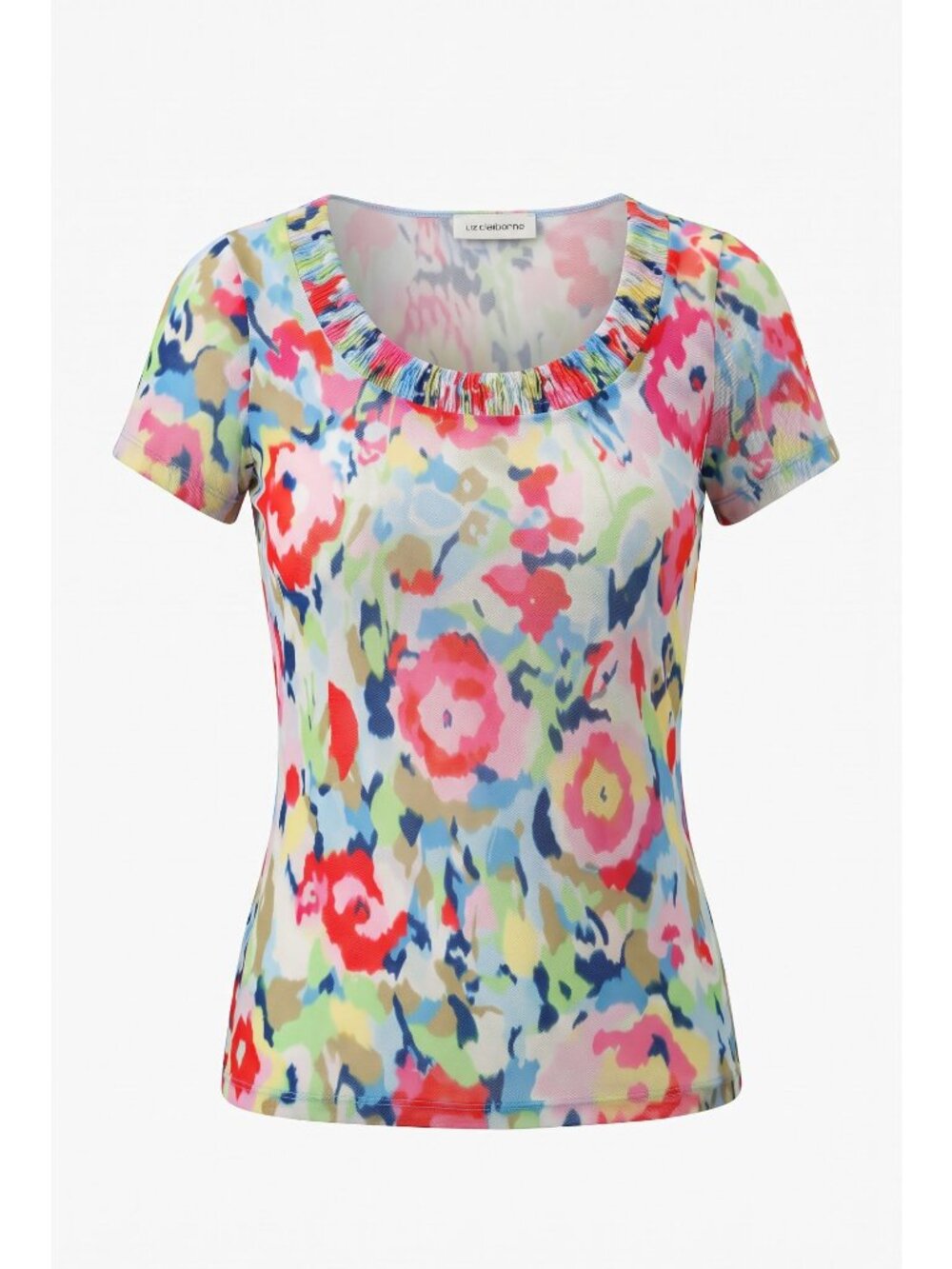 Liz Claiborne Womens M Floral Blouse Ruched Neck Short Sleeve Lined Pullover Top